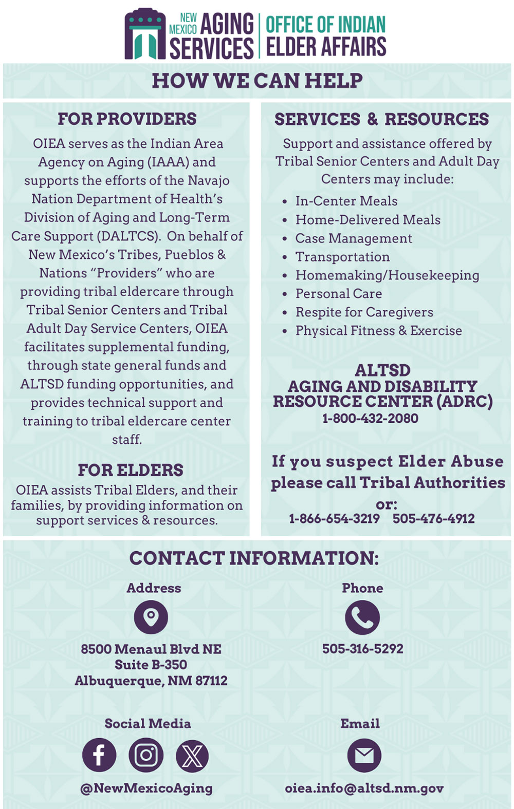 Office of Indian Elder Affairs Contact Graphic